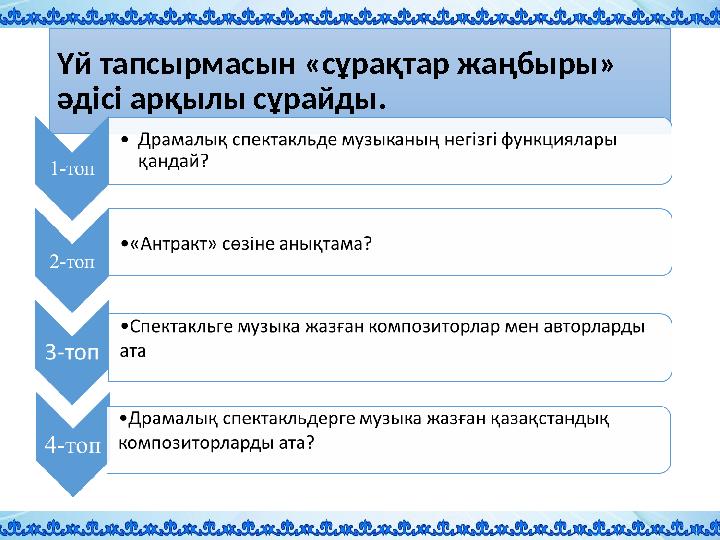 Үй тапсырмасын «сұрақтар жаңбыры» әдісі арқылы сұрайды.