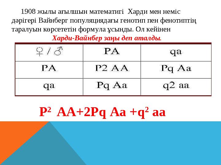 1908 жылы ағылшын математигі Харди мен неміс дәрігері Вайнберг популяциядағы генотип пен фенотиптің таралуын көрсететін