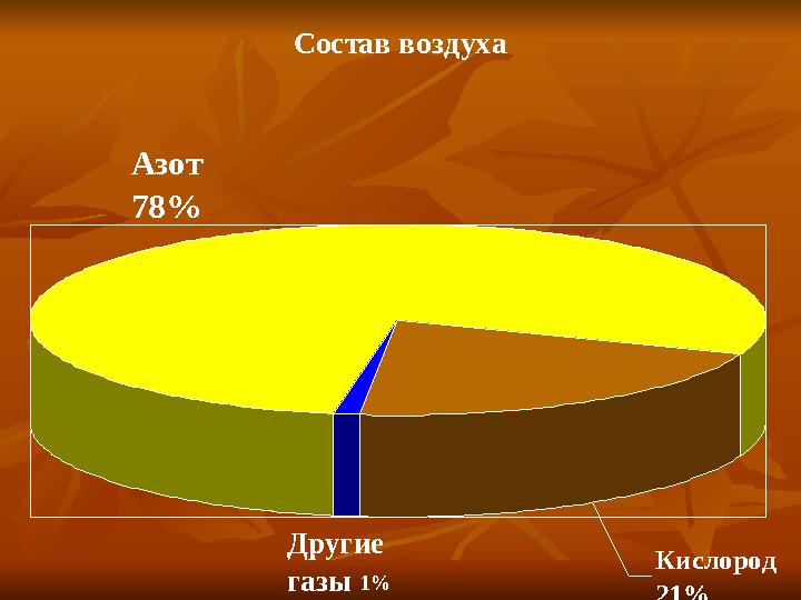 Состав воздуха Азот 78% Другие газы 1% Кислород 21%