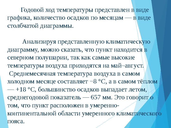 Годовой ход температуры представлен в виде графика, количество осадков по месяцам — в виде столбчатой диаграм