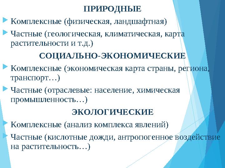 ПРИРОДНЫЕ Комплексные (физическая, ландшафтная) Частные (геологическая, климатическая, карта растительности и т.д.)