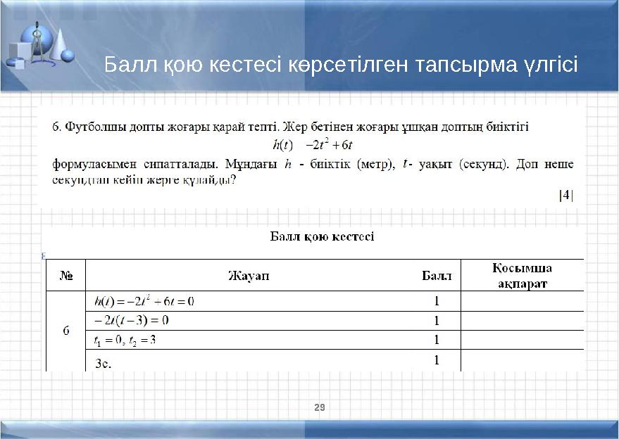 29 Балл қою кестесі көрсетілген тапсырма үлгісі