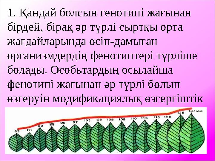 1. Қандай болсын генотипі жағынан бірдей, бірақ әр түрлі сыртқы орта жағдайларында өсіп-дамыған организмдердің фенотиптері тү