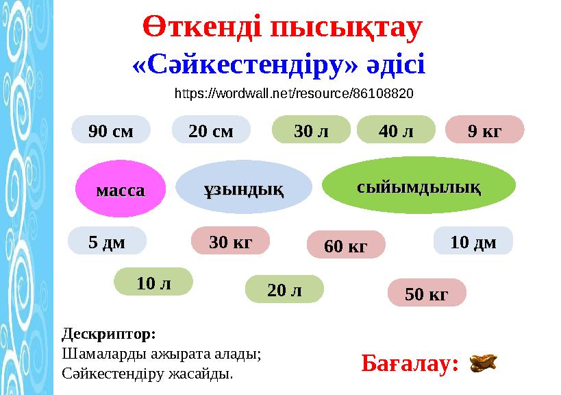 Өткенді пысықтау «Сәйкестендіру» әдісі Дескриптор: Шамаларды ажырата алады; Сәйкестендіру жасайды. Бағалау: массамасса ұзынд
