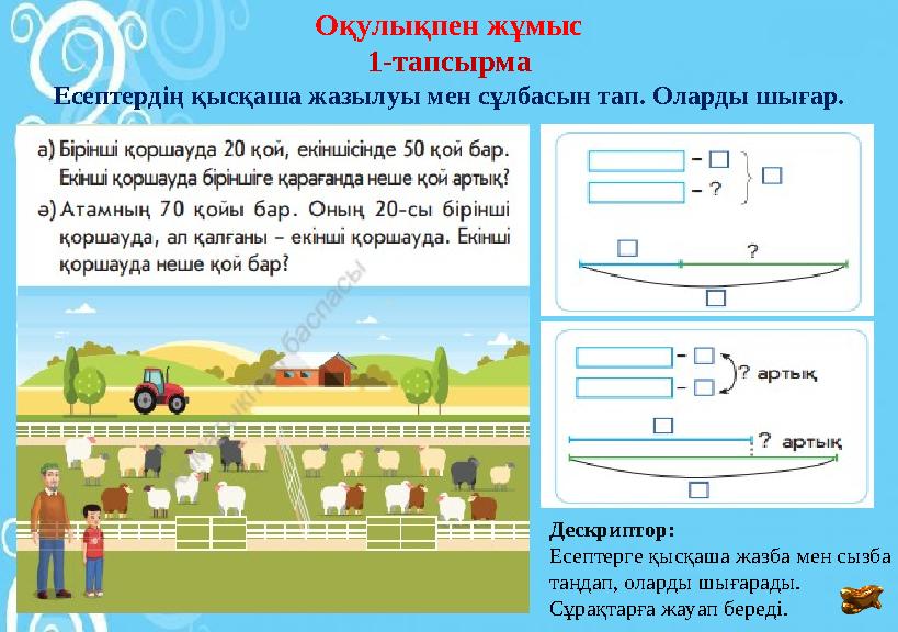 Оқулықпен жұмыс 1-тапсырма Есептердің қысқаша жазылуы мен сұлбасын тап. Оларды шығар. Дескриптор: Есептерге қысқаша жазба мен сы