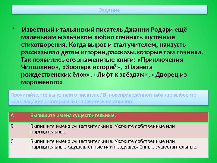 Задание • Известный итальянский писатель Джанни Родари ещё маленьким мальчиком любил сочинять шуточные стихотворения. Когда в