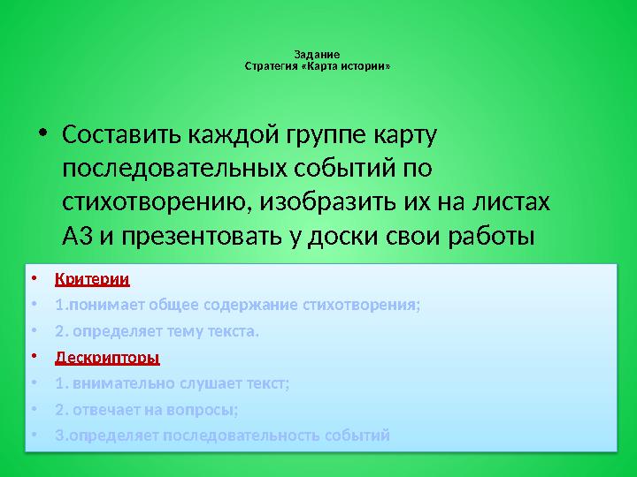 Задание Стратегия «Карта истории» •Составить каждой группе карту последовательных событий по стихотворению, изобразить их на