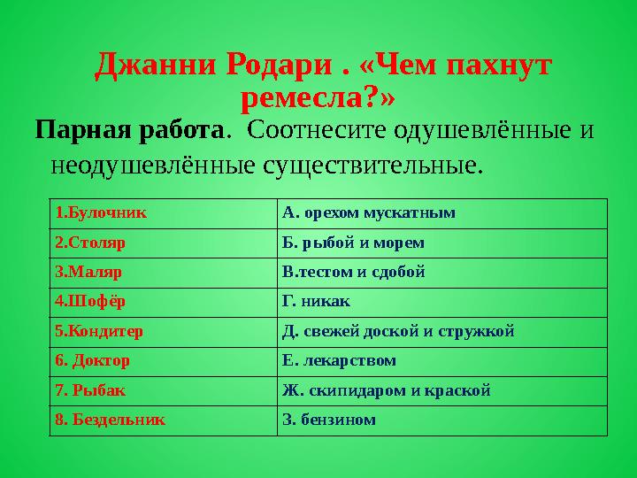 Джанни Родари . «Чем пахнут ремесла?» Парная работа. Соотнесите одушевлённые и неодушевлённые существительные. 1.Булочник