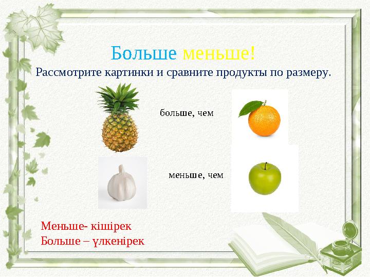 Больше меньше! Рассмотрите картинки и сравните продукты по размеру. больше, чем меньше, чем Меньше- кішірек Больше – үлкенірек