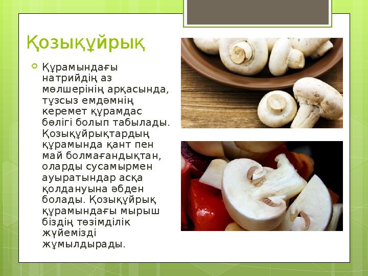 Қозықұйрық Құрамындағы натрийдің аз мөлшерінің арқасында, тұзсыз емдәмнің керемет құрамдас бөлігі болып табылады. Қозықұй