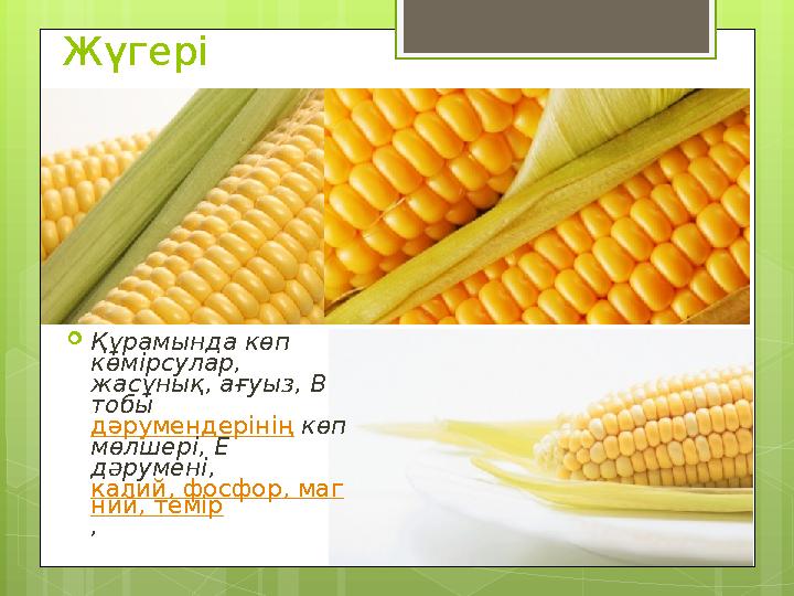 Жүгері Құрамында көп көмірсулар, жасұнық, ағуыз, В тобы дәрумендерінің көп мөлшері, Е дәрумені, калий, фосфор, маг ний,