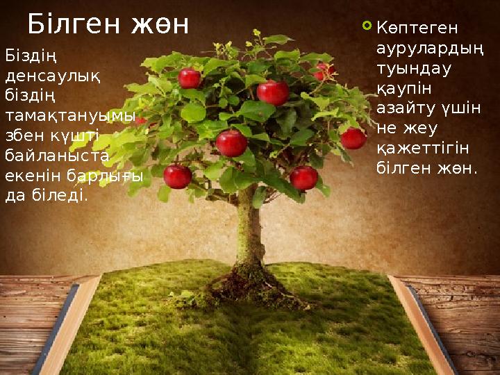 Білген жөн Көптеген аурулардың туындау қаупін азайту үшін не жеу қажеттігін білген жөн. Біздің денсаулық біздің тамақ