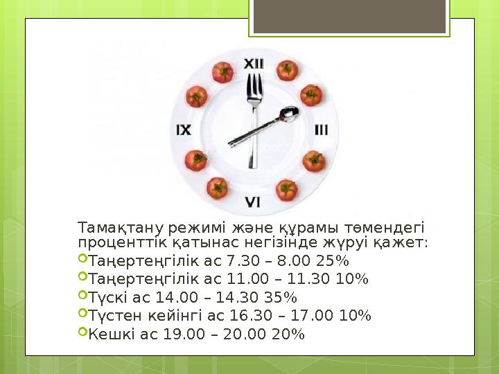 Тамақтану режимі және құрамы төмендегі проценттік қатынас негізінде жүруі қажет: Таңертеңгілік ас 7.30 – 8.00 25% Таңертеңгі