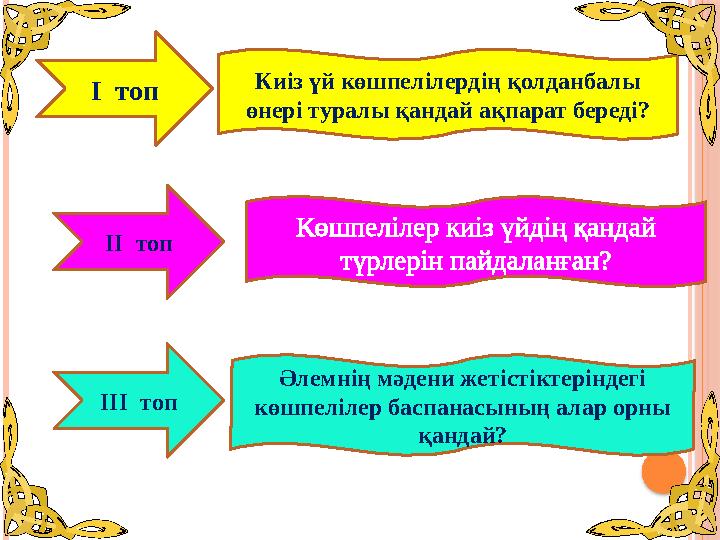 І топ ІІ топ ІІІ топ Киіз үй көшпелілердің қолданбалы өнері туралы қандай ақпарат береді? Көшпелілер киіз үйдің қандай