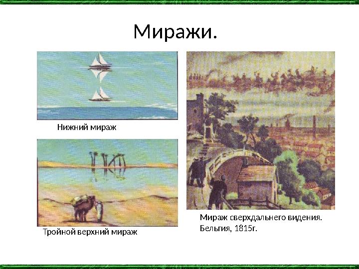 Миражи. Нижний мираж Тройной верхний мираж Мираж сверхдальнего видения. Бельгия, 1815г.