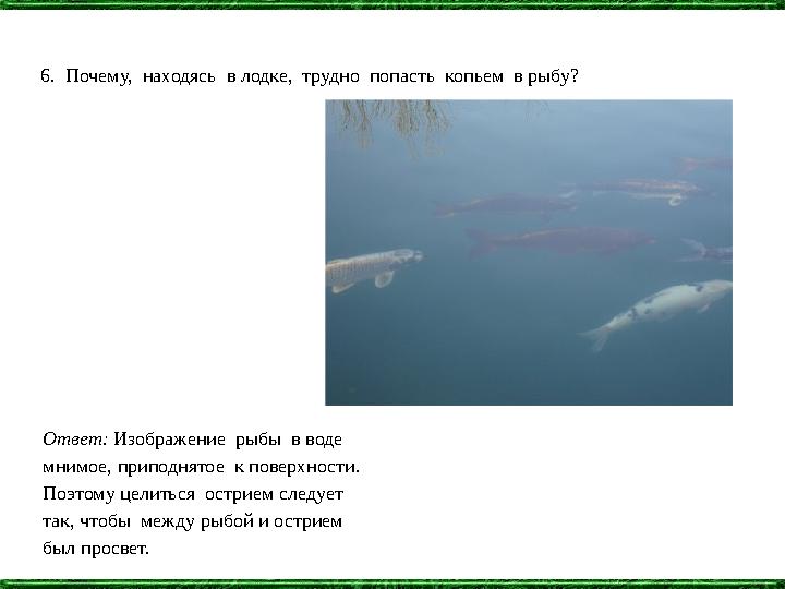 6. Почему, находясь в лодке, трудно попасть копьем в рыбу? Ответ: Изображение рыбы в воде мнимое, приподнятое к пов