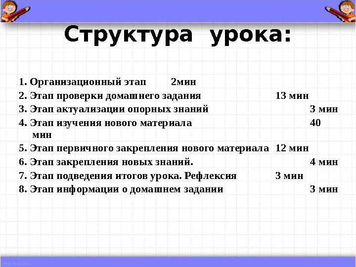 Структура урока: 1. Организационный этап 2мин 2. Этап проверки домашнего задания 13 мин 3. Этап актуализации опорных знаний 3 м