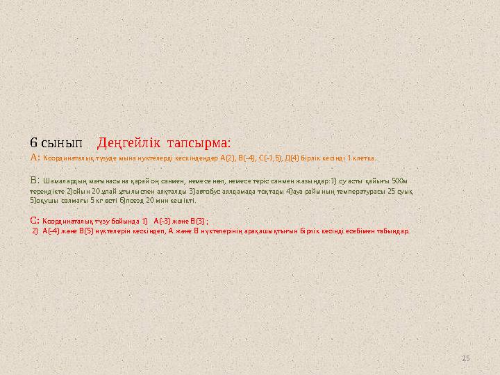 25 6 сынып Деңгейлік тапсырма: А: Координаталық түзуде мына нуктелерді кескіндеңдер А(2), В(-4), С(-1,5), Д(4) бірлік кесінді