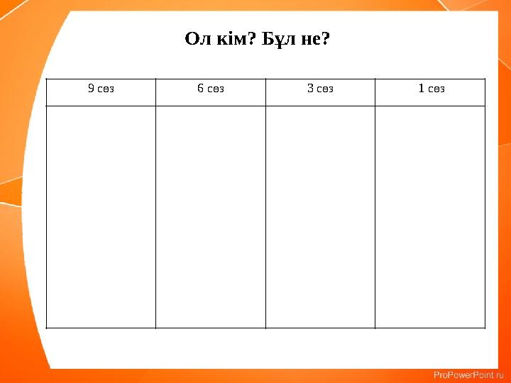 Ол кім? Бұл не? 9 сөз 6 сөз 3 сөз 1 сөз Ол кім? Бұл не? 9 сөз 6 сөз 3 сөз 1 сөз