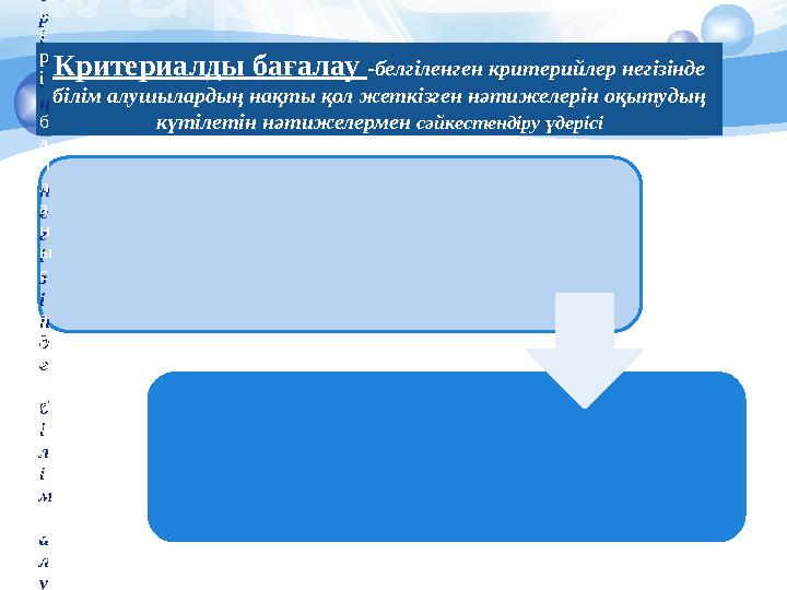 Критериалды бағалау -белгіленген критерийлер негізінде білім алушылардың нақты қол жеткізген нәтижелерін оқытудың күтілетін