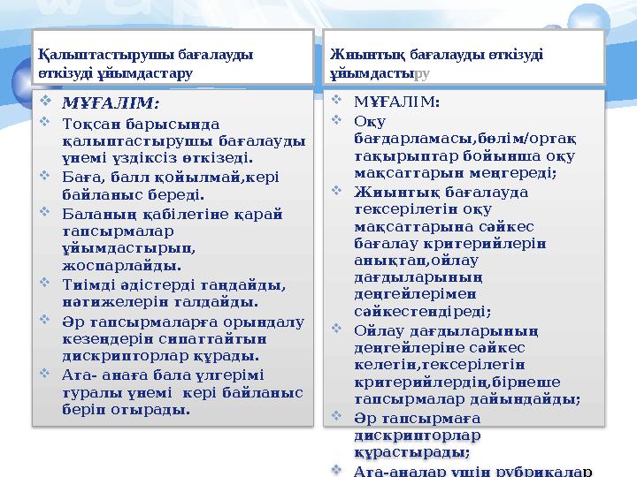 Қалыптастырушы бағалауды өткізуді ұйымдастару МҰҒАЛІМ: Тоқсан барысында қалыптастырушы бағалауды үнемі үздіксіз өткізед