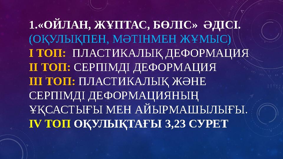 1.«ОЙЛАН, ЖҰПТАС, БӨЛІС» ӘДІСІ. (ОҚУЛЫҚПЕН, МӘТІНМЕН ЖҰМЫС) І ТОП: ПЛАСТИКАЛЫҚ ДЕФОРМАЦИЯ ІІ ТОП: СЕРПІМДІ ДЕФОРМАЦИЯ ІІІ ТОП: