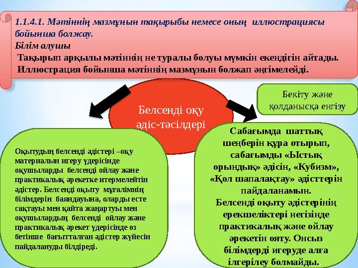 Белсенді оқу әдіс-тәсілдері Оқытудың белсенді әдістері –оқу материалын игеру үдерісінде оқушыларды белсенді ойлау және прак