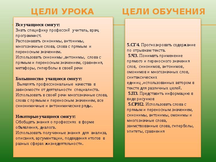 Все учащиеся смогут: Знать специфику профессий учитель, врач, программист. Распознавать синонимы, антонимы, многозначные сл