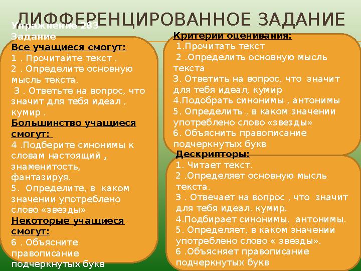 ДИФФЕРЕНЦИРОВАННОЕ ЗАДАНИЕ Упражнение 283 Задание Все учащиеся смогут: 1 . Прочитайте текст . 2 . Определите основную мысль те