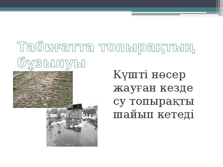 Табиғатта топырақтың бұзылуы Күшті нөсер жауған кезде су топырақты шайып кетеді
