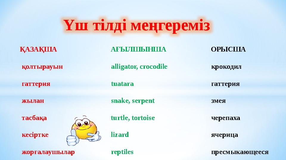 Үш тілді меңгереміз ҚАЗАҚША АҒЫЛШЫНША ОРЫСША қолтырауын alligator, с
