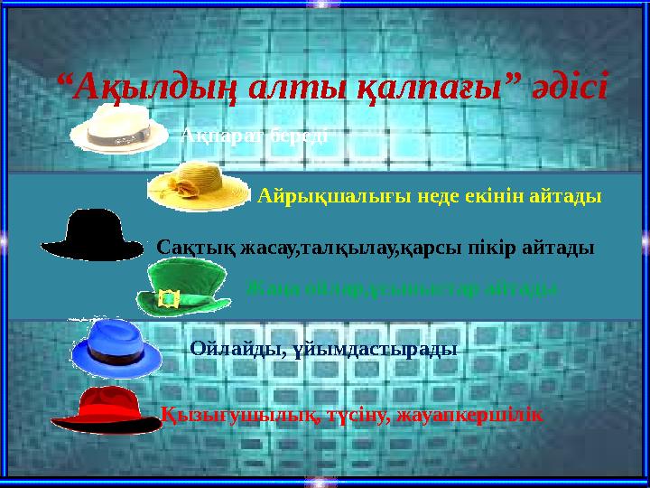 “Ақылдың алты қалпағы” әдісі Ақпарат береді Айрықшалығы неде екінін айтады Сақтық жасау,талқылау,қарсы пікір айтады Ойлайды, үйы