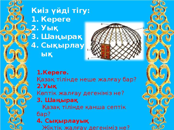 ІІІ. Жаңа сабақ: «Зат есімнің түрленуі» (ашық сабақ) дәптермен жұмыс Киіз үйді тігу: 1.Кереге 2.Уық 3.Шаңырақ 4.Сықырлау ық 1