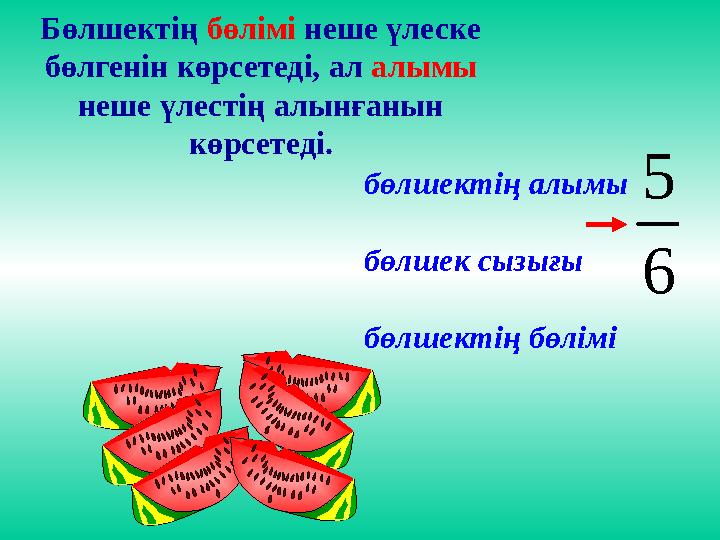 Бөлшектің бөлімі неше үлеске бөлгенін көрсетеді, ал алымы неше үлестің алынғанын көрсетеді.6 5 бөлшектің алымы