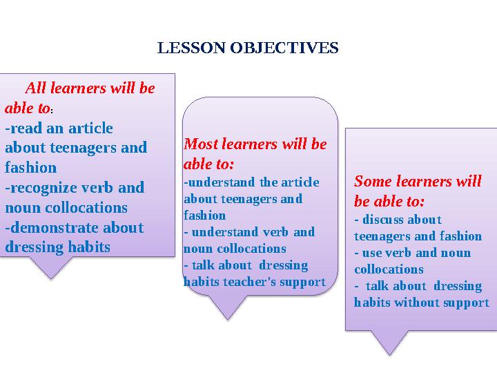 LESSON OBJECTIVES All learners will be able to: -read an article about teenagers and fashion -recognize verb and