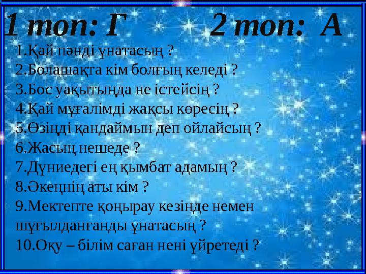 1 топ : Г 2 топ : А 1. Қай пәнді ұнатасың ? 2.Болашақта кім болғың келеді ? 3.Бос уақытыңда не істейсің ? 4.