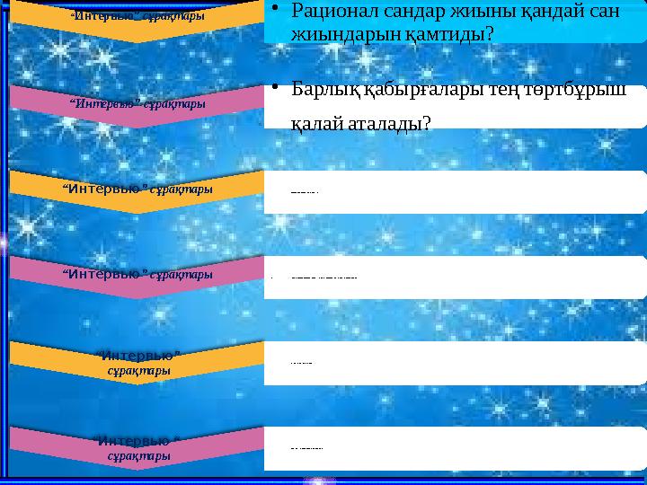 “ Интервью ” сұрақтары • Рационал сандар жиыны қандай сан жиындарын қамтиды? “ Интервью” сұрақтары • Барлық қабырғалары тең т