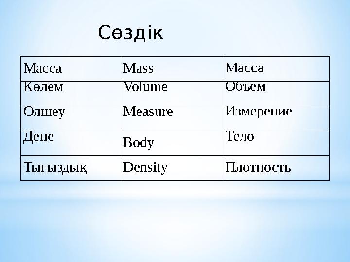 Сөздік Масса Mass Масса Көлем Volume Объем Өлшеу Measure Измерение Дене Body Тело Тығыздық Density Плотность