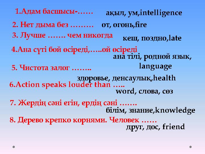 1.Адам басшысы-…… ақыл, ум,intelligence 2. Нет дыма без ……… от, огонь,fire 3. Лучше ……. чем никогда кеш, поздно,late 4.Ана с
