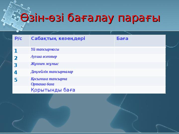 Өзін-өзі бағалау парағыӨзін-өзі бағалау парағы Р/с Сабақтың кезеңдері Баға 1 Үй тапсырмасы 2 Аузша есептер 3 Ж ұппен жұмыс 4 Дең