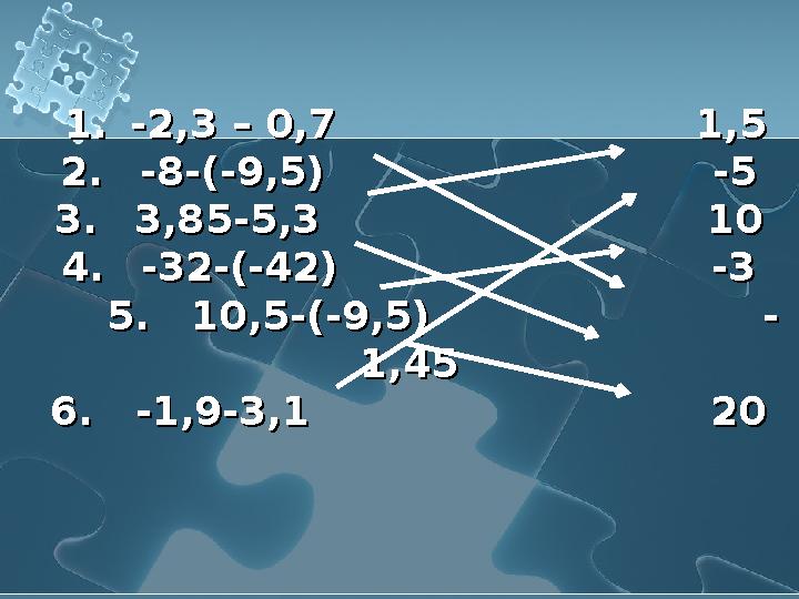 1. -2,3 – 0,7 1,5 2. -8-(-9,5) -5 3. 3,85-5,3 1