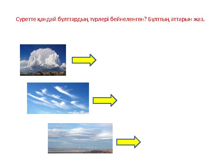 Суретте қандай бұлттардың түрлері бейнеленген? Бұлттың аттарын жаз.
