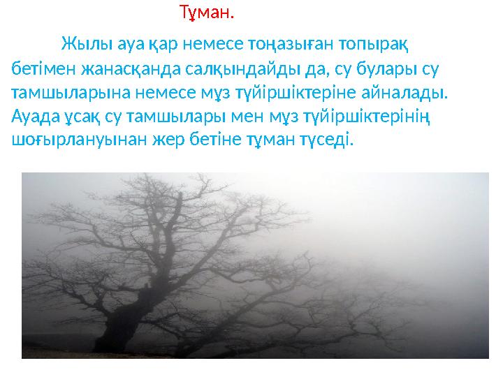 Тұман. Жылы ауа қар немесе тоңазыған топырақ бетімен жанасқанда салқындайды да, су