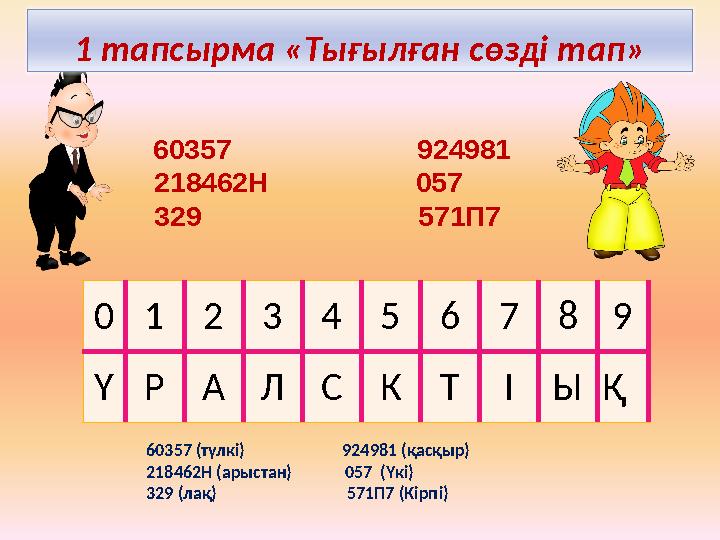 0 1 2 3 4 5 6 7 8 9 Ү Р А Л С К Т І Ы Қ 60357