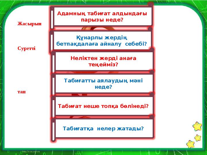 Жасырын Суретті тап Адамның табиғат алдындағы парызы неде? Құнарлы жердің бетпақдалаға айналу себебі? Неліктен жерді ана