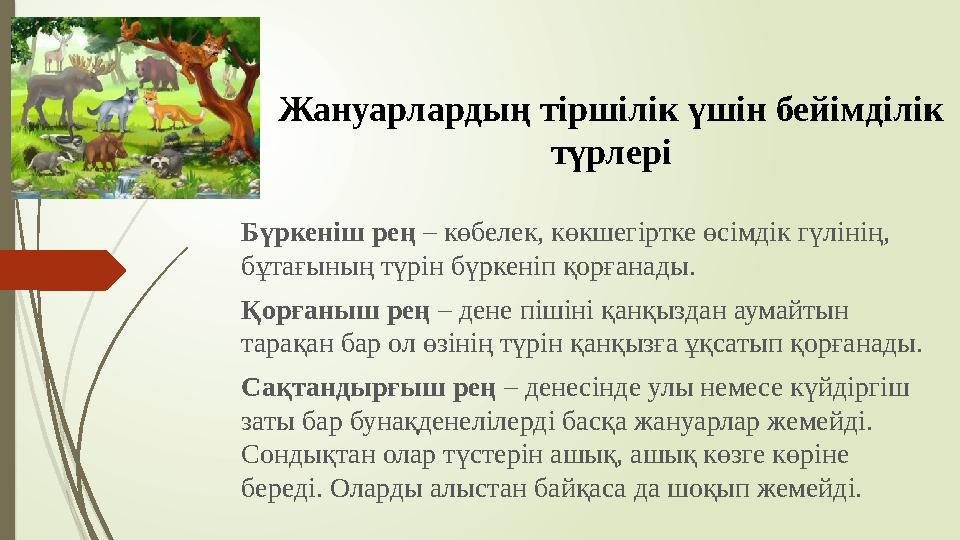 Жануарлардың тіршілік үшін бейімділік түрлері Бүркеніш рең – көбелек, көкшегіртке өсімдік гүлінің, бұтағының түрі