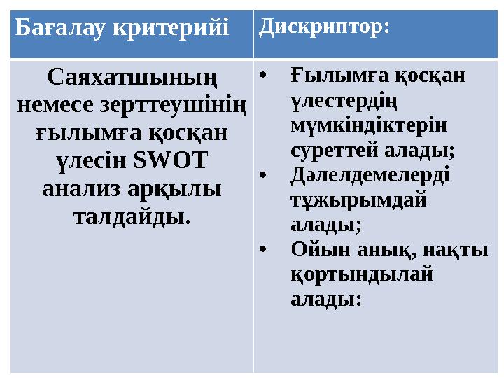 Бағалау критерийі Дискриптор: Саяхатшының немесе зерттеушінің ғылымға қосқан үлесін SWOT анализ арқылы талдайды. • Ғылымға