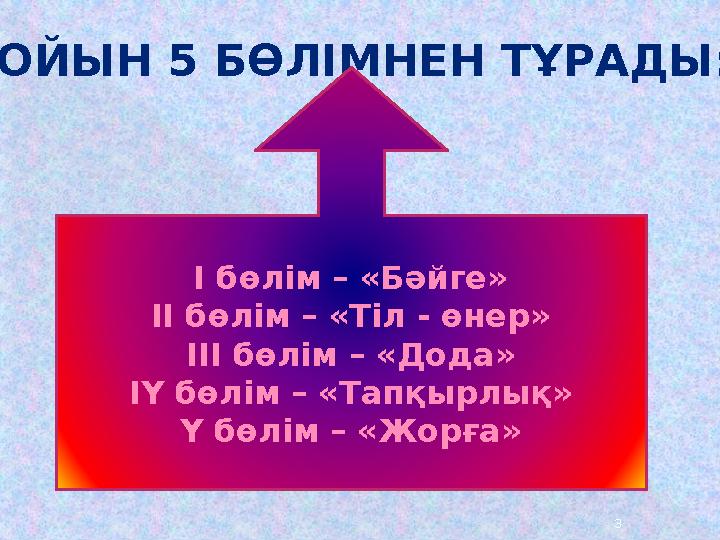 3 ОЙЫН 5 БӨЛІМНЕН ТҰРАДЫ: І бөлім – «Бәйге» ІІ бөлім – «Тіл - өнер» ІІІ бөлім – «Дода» ІҮ бөлім – «Тапқырлық» Ү бөлім – «Жо