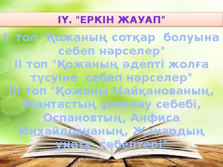 І топ “Қожаның сотқар болуына себеп нәрселер ” ІІ топ “Қожаның әдепті жолға түсуіне себеп нәрселер ” ІІІ топ “Қожаны Майқан І топ “Қожаның сотқар болуына себеп нәрселер ” ІІ топ “Қожаның әдепті жолға түсуіне себеп нәрселер ” ІІІ топ “Қожаны Майқан