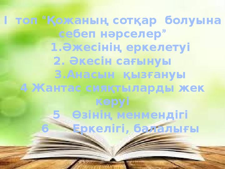 І топ “Қожаның сотқар болуына себеп нәрселер ” 1.Әжесінің еркелетуі 2. Әкесін сағынуы 3.Анасын қызғануы 4 Жантас сия І топ “Қожаның сотқар болуына себеп нәрселер ” 1.Әжесінің еркелетуі 2. Әкесін сағынуы 3.Анасын қызғануы 4 Жантас сия